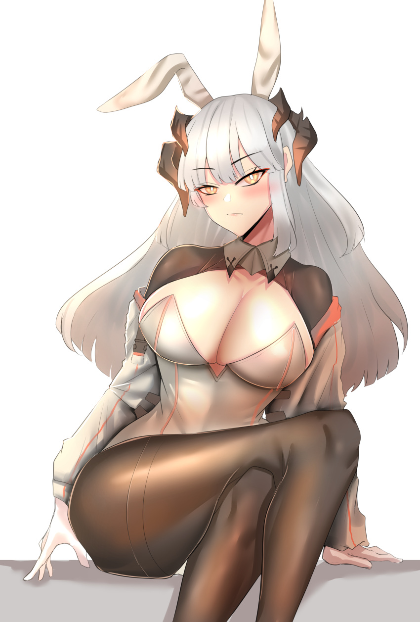 abineko absurdres adapted_costume animal_ears arknights black_pantyhose breasts bright_pupils cleavage closed_mouth commentary cross-species_cosplay crossed_legs dragon_horns english_commentary fake_animal_ears feet_out_of_frame female grey_hair grey_leotard highres horns large_breasts leotard long_hair long_sleeves looking_at_viewer pantyhose playboy_bunny rabbit_ears saria_(arknights) shrug_(clothing) simple_background solo strapless strapless_leotard thighband_pantyhose white_background yellow_eyes