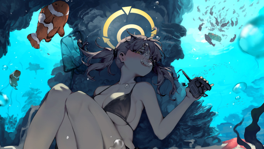 bikini black_bikini blue_archive blush breasts brown_hair detonator explosive female fish halo highres holding_breath large_breasts long_hair moe_(blue_archive) moe_(swimsuit)_(blue_archive) rou_(rou22) smile solo swimsuit twintails underwater yellow_eyes yellow_halo