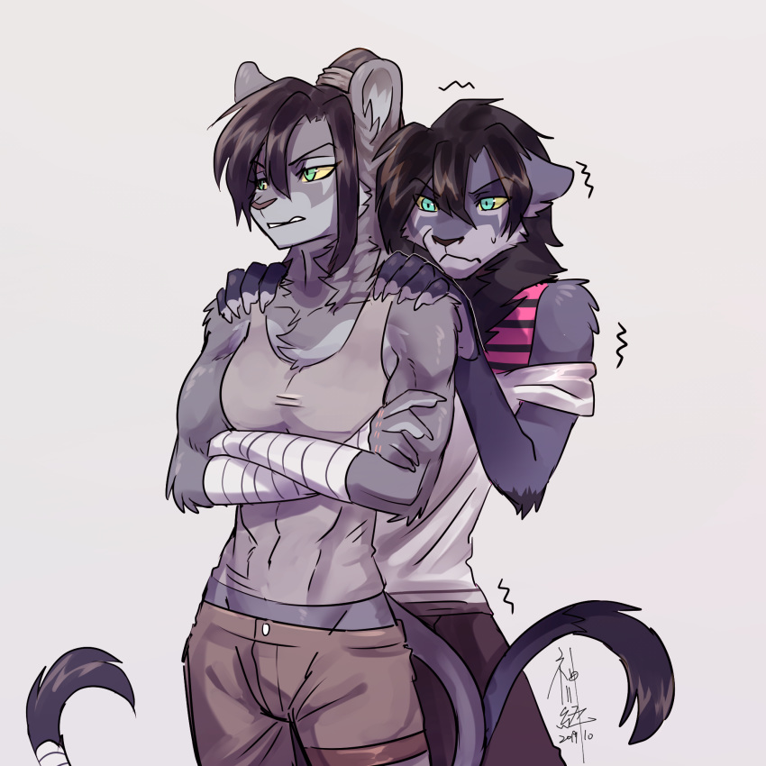 1:1 abs akiya-kamikawa anthro athletic blue_eyes bottomwear breasts brother_(lore) brother_and_sister_(lore) clothed clothing countershade_torso countershading duo feet felid female femboy fully_clothed fur green_eyes grey_body grey_fur hair hi_res lion long_hair looking_down male mammal midriff muscular muscular_female neck_tuft nude pantherine pants paws ponytail scar shirt sibling_(lore) sister_(lore) standing tail tail_tuft tank_top toes tomboy topwear tuft yellow_sclera