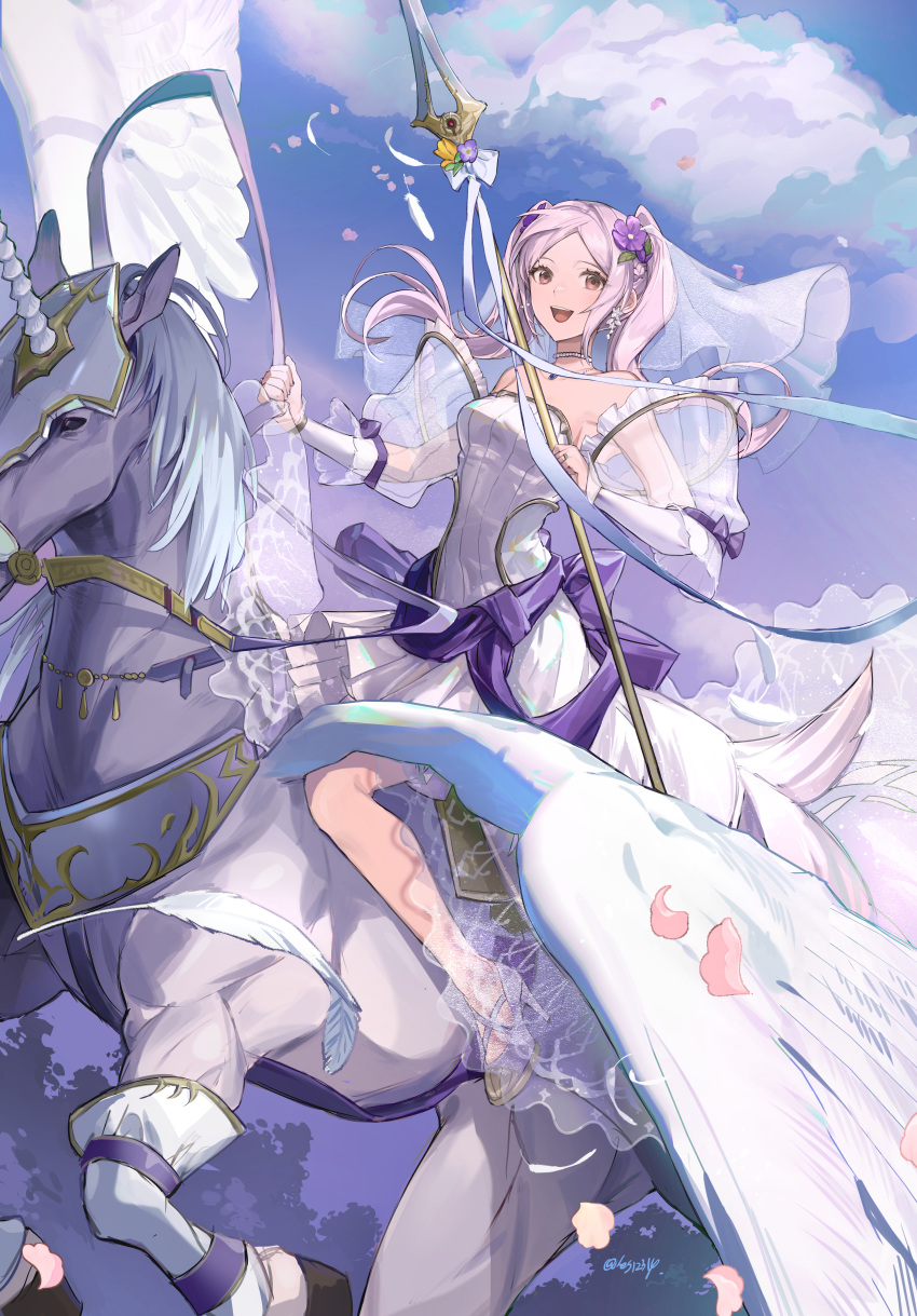 :d absurdres breasts bridal_veil bride bride_(fire_emblem) brown_eyes choker cloud cloudy_sky collarbone commission detached_sleeves dress feather_trim female fire_emblem fire_emblem_awakening flower hair_flower hair_ornament highres holding holding_polearm holding_weapon long_hair looking_at_viewer medium_breasts open_mouth pegasus polearm puffy_detached_sleeves puffy_sleeves purple_flower purple_rose robin_(female)_(fire_emblem) robin_(fire_emblem) rose sky smile solo spear strapless strapless_dress twice12314 twintails veil weapon wedding_dress white_dress white_hair