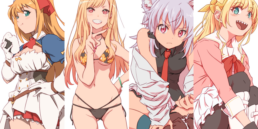 4girls animal_ear_fluff animal_ears aonori_misuji ascot bare_shoulders bikini black_bikini black_choker black_pantyhose black_shirt blonde_hair blue_eyes blue_sleeves blush bow bracelet breasts choker collared_shirt column_lineup cowboy_shot dress fantasy_bishoujo_juniku_ojisan_to floral_print food frilled_dress frills genderswap_(mtf) gloves gradient_hair green_eyes grin hair_between_eyes hair_ribbon halterneck hand_on_own_hip holding holding_food jewelry kaijin_kaihatsubu_no_kuroitsu-san kitagawa_marin large_breasts light_purple_hair long_hair looking_at_viewer medium_breasts multicolored_hair multiple_girls navel necktie off_shoulder onigiri open_mouth orange_hair pantyhose pecorine_(princess_connect!) pink_dress pink_eyes pink_nails princess_connect! print_bikini puffy_short_sleeves puffy_sleeves red_ascot red_bow red_eyes red_hair red_necktie red_ribbon ribbon rule_63 season_connection sharp_teeth shirt short_sleeves shrug_(clothing) side-tie_bikini_bottom sidelocks simple_background sitting skirt sleeveless sleeveless_shirt small_breasts smile sono_bisque_doll_wa_koi_wo_suru string_bikini swept_bangs swimsuit tachibana_hinata_(fabiniku) teeth tiara white_background white_gloves wolf_bate