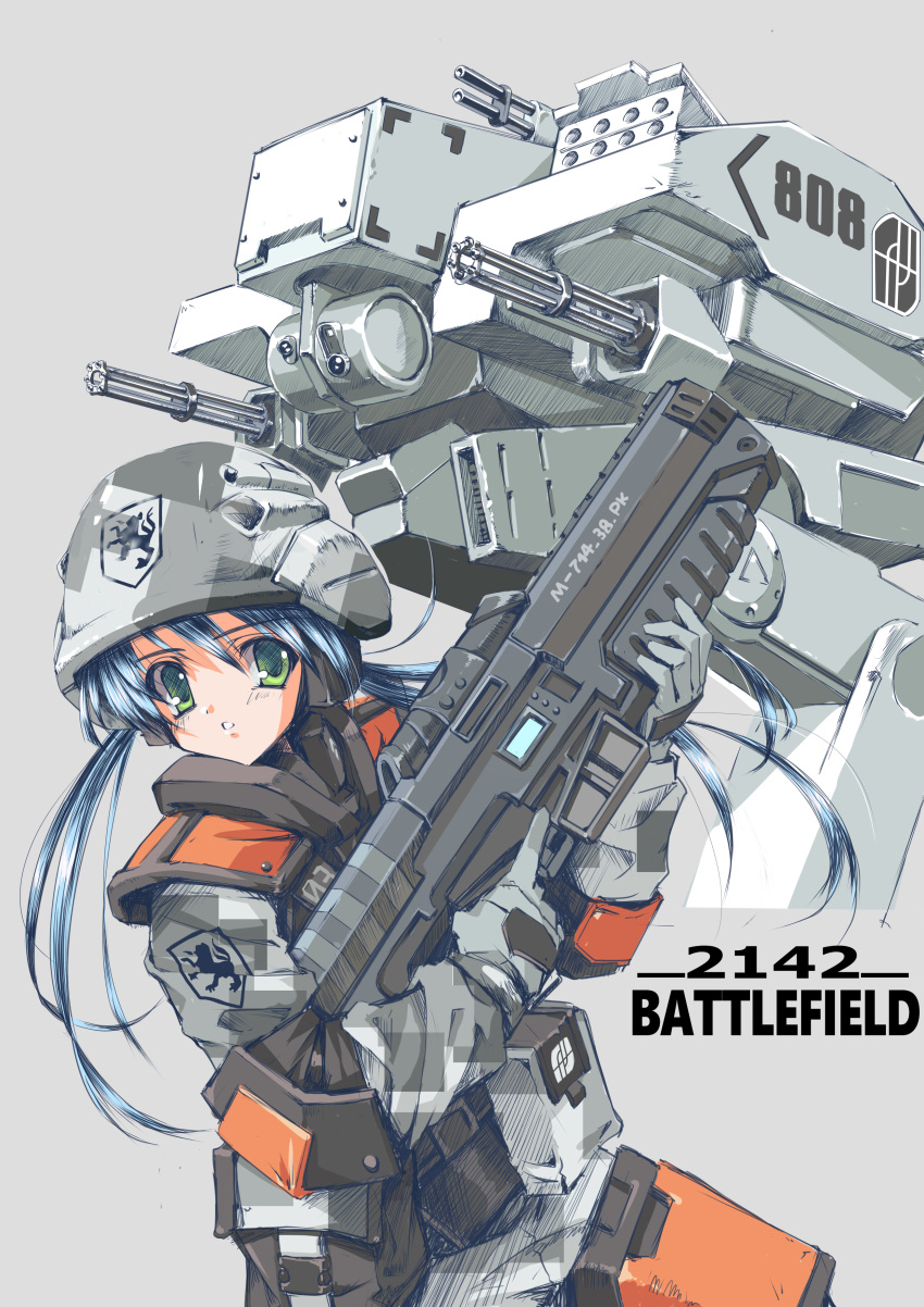 absurdres battlefield_2142 blue_hair commentary english_commentary female gatling_gun green_eyes gun helmet highres holding holding_weapon longmei_er_de_tuzi mecha military military_uniform robot science_fiction simple_background twintails uniform weapon