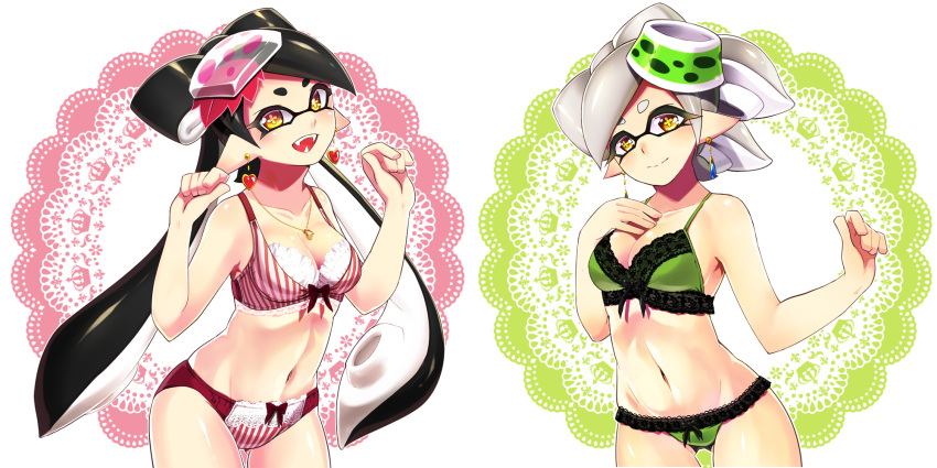 +_+ 2girls ass_visible_through_thighs black_hair bow bow_bra bow_panties bra breasts brown_eyes callie_(splatoon) cleavage closed_eyes commentary_request cousins doily earrings fangs food food_on_head green_bra green_panties grey_hair groin hand_on_own_chest heart heart_earrings highres inkling jewelry lace-trimmed_bra lace-trimmed_panties lace_trim lingerie long_hair looking_at_viewer marie_(splatoon) medium_hair multiple_girls navel necklace nomu_(29_nom) object_on_head open_mouth panties pointy_ears purple_bra purple_panties short_hair smile splatoon_(series) standing striped_bra striped_clothes striped_panties swept_bangs underwear underwear_only vertical-striped_bra vertical-striped_clothes vertical-striped_panties very_long_hair w w_arms white_background