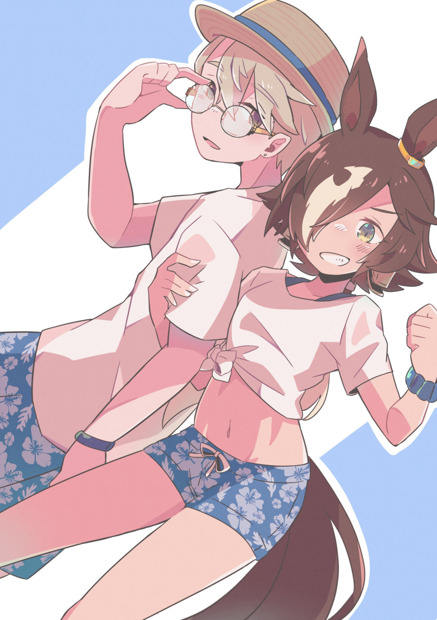 1boy absurdres adjusting_eyewear animal_ears blue_background blue_shorts blush breasts brown_eyes brown_hair brown_headwear clenched_hand commentary_request crop_top female floral_print gaze_on_me!_outfit_(umamusume) glasses grin hair_between_eyes hair_over_one_eye hand_on_eyewear hand_up highres horse_ears horse_girl horse_tail locked_arms long_hair looking_at_viewer maru_(hachi_47923) midriff multicolored_hair navel outline parted_lips print_shorts shirt short_shorts short_sleeves shorts small_breasts smile standing streaked_hair tail thick_eyebrows tied_shirt trainer_(umamusume) two-tone_background umamusume vodka_(umamusume) white_background white_hair white_outline white_shirt