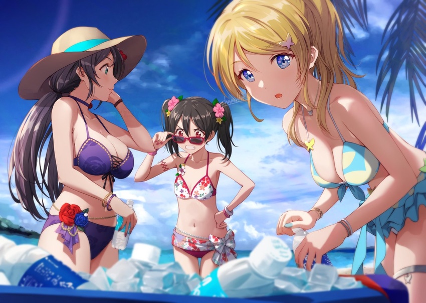 3girls adjusting_eyewear aqua_eyes armband ayase_eli beach bikini bikini_skirt black_hair blonde_hair blue_bikini blue_eyes blue_sky blurry bottle bracelet breast_envy breasts cleavage closed_mouth cloud commentary day depth_of_field english_commentary flat_chest floral_print flower frilled_bikini frills hair_between_eyes hair_flower hair_ornament hairclip halterneck hand_on_eyewear hand_on_own_hip hat holding holding_bottle ice jewelry large_breasts leaning_forward long_hair looking_ahead looking_at_another looking_at_viewer looking_over_eyewear love_live! love_live!_school_idol_festival_all_stars love_live!_school_idol_project medium_breasts medium_hair multiple_girls navel necklace official_alternate_costume open_mouth outdoors ponytail purple_bikini purple_hair red_bikini red_eyes rose shamakho sky summer_splash_(love_live!) sun_hat sunglasses swimsuit teeth thigh_strap tojo_nozomi twintails water water_bottle yazawa_nico