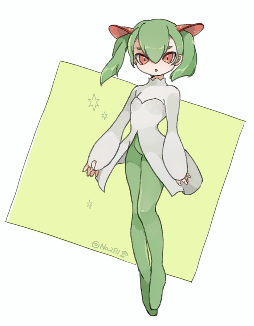 :o breasts dress female floating green_hair green_pantyhose hair_behind_ear highres kirlia open_hands open_mouth pantyhose personification pokemon red_eyes shimijimi sleeves_past_wrists small_breasts solo twintails twitter_username white_dress