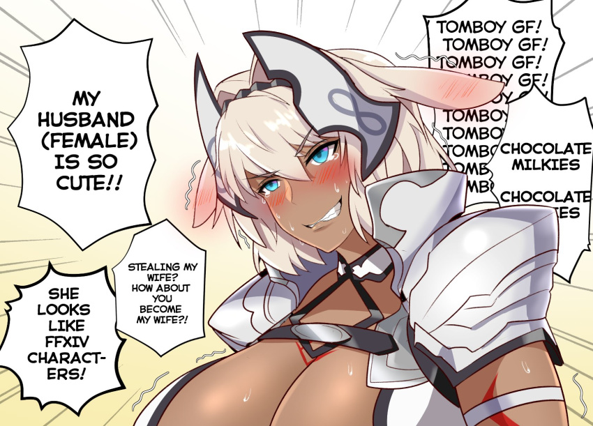 altronage armor biting_own_lip blonde_hair blue_eyes blush breasts caenis_(fate) choker cleavage dark-skinned_female dark_skin ear_blush embarrassed emphasis_lines english_text fate/grand_order fate_(series) female highres huge_breasts ijimeka_(meme) meme parody short_hair shoulder_armor speech_bubble sweat sweatdrop tattoo tearing_up tears trembling