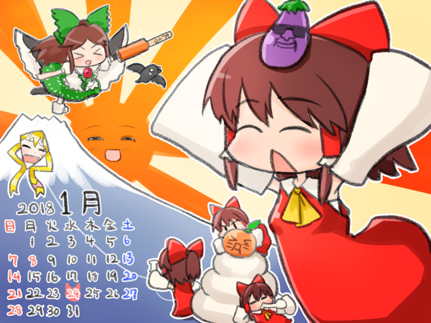 >_< 2018 6+girls ascot bird bird_wings black_eyes blush bow brown_hair calendar_(medium) closed_eyes commentary_request cookie_(touhou) crow cup detached_sleeves dress eggplant full_body green_bow green_shirt hairbow hakurei_reimu hatsuyume highres january kirisame_marisa kite long_hair manatsu_no_yo_no_inmu mini_person minigirl mount_fuji mug multiple_girls nadeko_(cookie) open_mouth otemoto_(baaaaloooo) partial_commentary ponytail red_bow red_dress reiuji_utsuho reu_(cookie) sakenomi_(cookie) shirt short_hair sleeveless sleeveless_dress sleeves_past_fingers sleeves_past_wrists smile takuya_(acceed) touhou triangle_mouth uzuki_(cookie) white_sleeves wings yellow_ascot