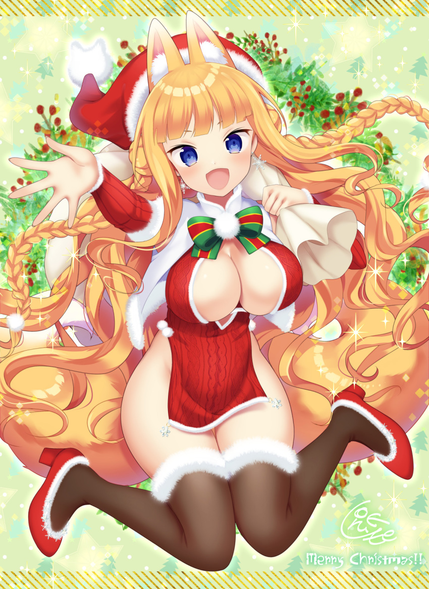 :d animal_ear_fluff animal_ears aran_sweater blonde_hair blue_eyes blush bow braid breasts brown_thighhighs cable_knit capelet cleavage cleavage_cutout clothing_cutout detached_sleeves dress earrings extra_ears female flower fox_ears fox_tail from_above full_body fur-trimmed_legwear fur-trimmed_sleeves fur_trim hat high_heels highres jewelry large_breasts long_hair looking_at_viewer miyano_ururu no_panties open_mouth original pom_pom_(clothes) red_flower red_sweater sack santa_hat smile snowflake_earrings solo striped striped_bow sweater sweater_dress tail thighhighs twin_braids very_long_hair white_capelet