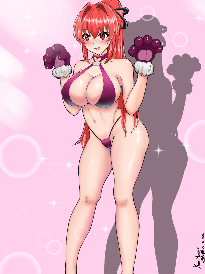 absurdres bad_id bad_pixiv_id bare_legs bare_shoulders bikini breasts cleavage female highres kenmaster17 large_breasts legs long_hair micro_bikini naruse_mio open_mouth ponytail red_eyes red_hair shinmai_maou_no_testament smile solo swimsuit