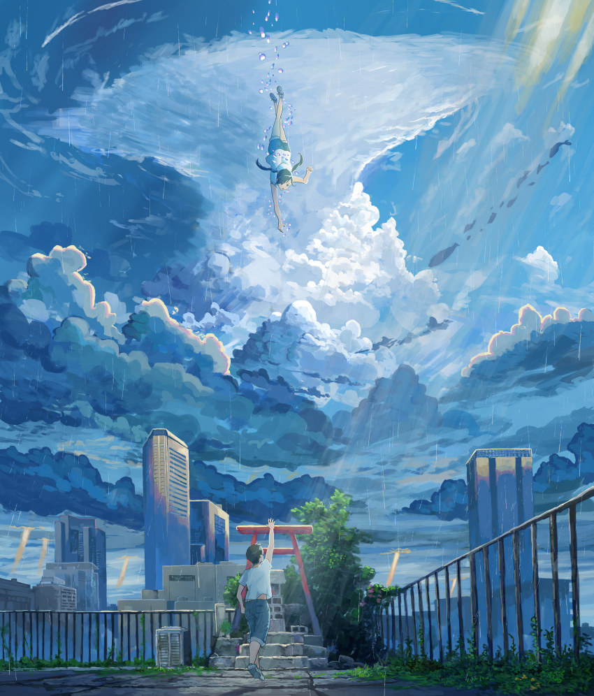 1boy absurdres amano_hina_(tenki_no_ko) building cloud cloudy_sky commentary cumulonimbus_cloud dark_clouds day female fujidora_jp grass highres morishima_hodaka_(tenki_no_ko) outdoors railing rain real_world_location scenery shibuya_(tokyo) shinjuku_(tokyo) shoes shorts sky skyscraper tenki_no_ko tokyo_(city) tree twintails yoyogi