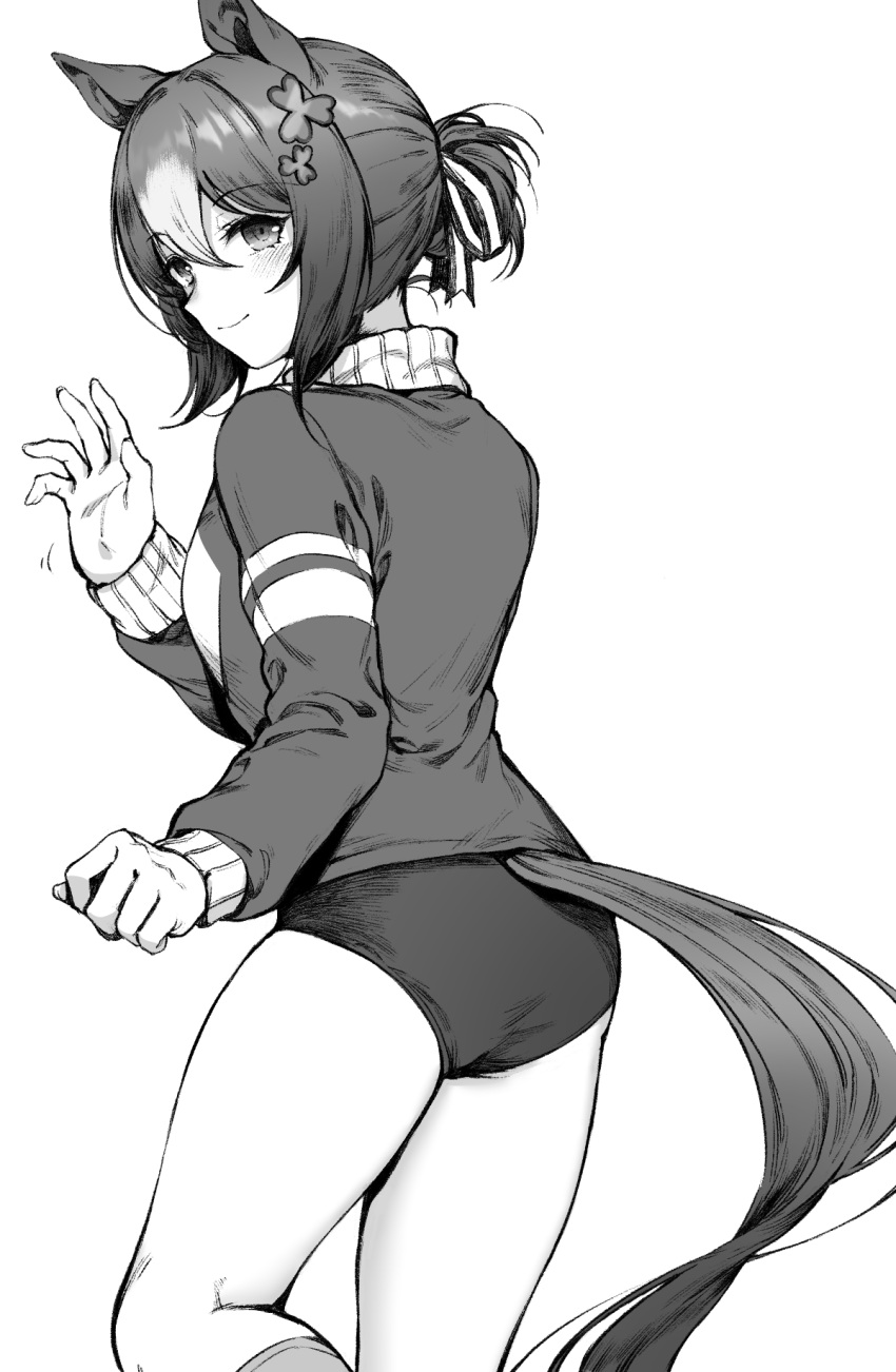 animal_ears ass breasts buruma closed_mouth clover_hair_ornament feet_out_of_frame female fine_motion_(umamusume) greyscale hair_bun hair_ornament hand_up highres horse_ears horse_girl horse_tail jacket long_sleeves looking_at_viewer looking_back monochrome nihudau open_clothes open_jacket short_hair small_breasts smile solo tail tracen_training_uniform umamusume waving