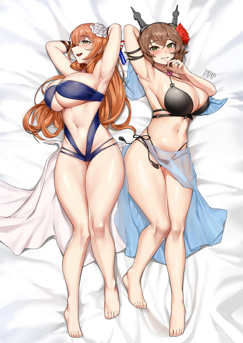 2girls armpits ass_visible_through_thighs barefoot bikini black_bikini blue_bikini blush breasts brown_hair cleavage collarbone crossover flower girls'_frontline green_eyes hair_flower hair_ornament headgear heart_lock_(kantai_collection) highres huge_breasts jai_(whany1998) jewelry kantai_collection korean_commentary long_hair looking_at_viewer multiple_girls mutsu_(kancolle) navel on_bed open_mouth ring sarong second-party_source short_hair springfield_(girls'_frontline) swimsuit toes wedding_ring