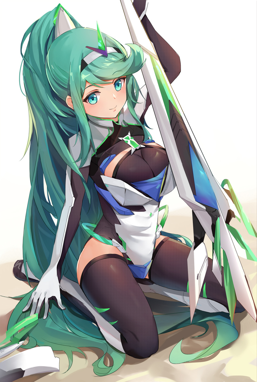 absurdres breasts chest_jewel cleavage female full_body gloves green_eyes green_hair highres holding holding_weapon jewelry kiiro_kimi kneeling large_breasts long_hair pneuma_(xenoblade) ponytail simple_background smile solo spoilers swept_bangs thighhighs tiara very_long_hair weapon xenoblade_chronicles_(series) xenoblade_chronicles_2