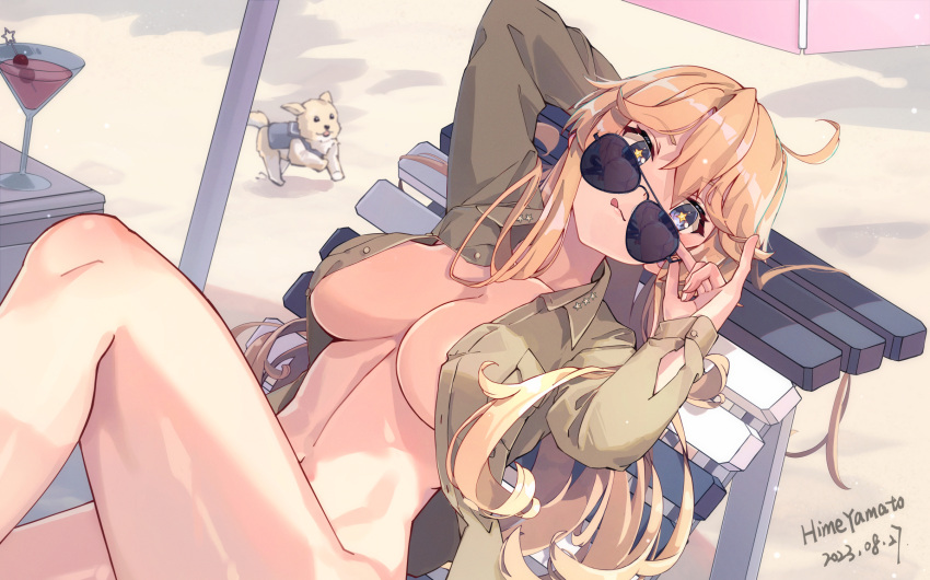 adjusting_eyewear artist_name aviator_sunglasses blonde_hair blue_eyes bottomless breasts canine cleavage commentary_request dated female highres himeyamato iowa_(kancolle) jacket kantai_collection large_breasts long_hair looking_over_eyewear lying no_bra no_pants on_back puppy solo star-shaped_pupils star_(symbol) sunglasses symbol-shaped_pupils victory_(dog)