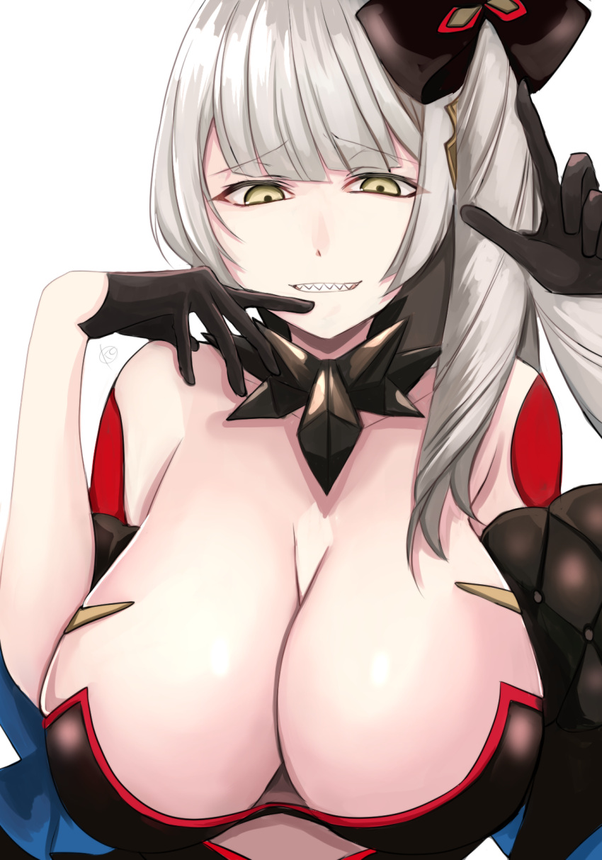 bare_shoulders black_dress black_gloves breasts cleavage detached_collar dress fate/grand_order fate_(series) female gloves grin hair_ornament half_gloves highres kankitsu_kei large_breasts long_hair looking_at_viewer marie_antoinette_(alter)_(fate) marie_antoinette_(fate) off_shoulder pale_skin side_ponytail smile solo very_long_hair white_hair yellow_eyes