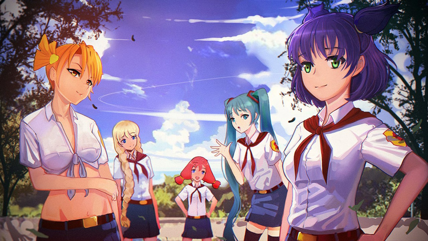 5girls :d :o aqua_eyes aqua_hair artist_request belt belt_buckle black_legwear blonde_hair blue_eyes blue_hair blue_skirt blue_sky braid breasts brown_belt brown_eyes buckle closed_mouth cloud cloudy_sky collarbone collared_shirt cowboy_shot day dvach-tan emblem everlasting_summer green_eyes hair_between_eyes hair_ornament hair_over_shoulder hands_on_own_hips hatsune_miku highres lips long_hair looking_at_viewer medium_breasts medium_hair multiple_girls navel neckerchief official_art open_mouth orange_hair outdoors parted_lips pioneer_movement pioneer_neckerchief purple_hair red_hair red_neckerchief shirt short_hair short_twintails skirt sky slavya-chan smile standing stomach thighhighs tree twin_braids twintails unyl-chan upper_body ussr-tan very_long_hair vocaloid waving_arm white_shirt zettai_ryouiki