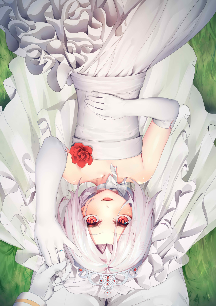 absurdres bridal_veil bride dress elbow_gloves female flat_chest gloves highres lying on_back ray_(pixiv9514208) red_eyes short_hair solo_focus tiara veil vittorio_veneto_(warship_girls_r) warship_girls_r wedding_dress white_dress white_gloves white_hair