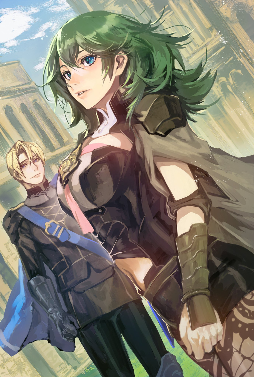 1boy armlet armor black_armor black_cape black_shirt blonde_hair blue_eyes blue_hair blue_sky bodice breasts brown_legwear brown_pantyhose bustier byleth_(female)_(fire_emblem) byleth_(fire_emblem) cape cleavage closed_mouth clothing_cutout dimitri_alexandre_blaiddyd female fire_emblem fire_emblem:_three_houses floral_print garreg_mach_monastery_uniform green_hair hair_between_eyes highres kin_mokusei lace-trimmed_legwear lace_trim large_breasts leggings looking_at_viewer medium_hair navel navel_cutout pantyhose pantyhose_under_shorts patterned_legwear print_pantyhose shirt short_hair shorts shoulder_armor sidelocks sky tassel turtleneck upper_body vambraces