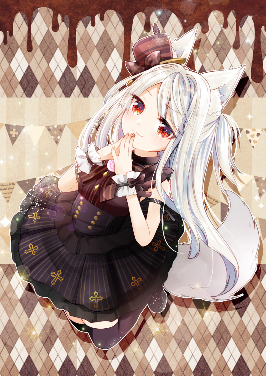 absurdres animal_ear_fluff animal_ears argyle_background arm_ribbon black_bow black_dress black_ribbon black_thighhighs bow brown_background brown_hat commission dress female fox_tail hat hat_bow highres lens_flare long_hair looking_at_viewer original red_eyes ribbon shindo_hachigo skeb_commission sleeveless sleeveless_dress solo steepled_fingers string_of_flags tail thighhighs tilted_headwear white_hair wrist_cuffs