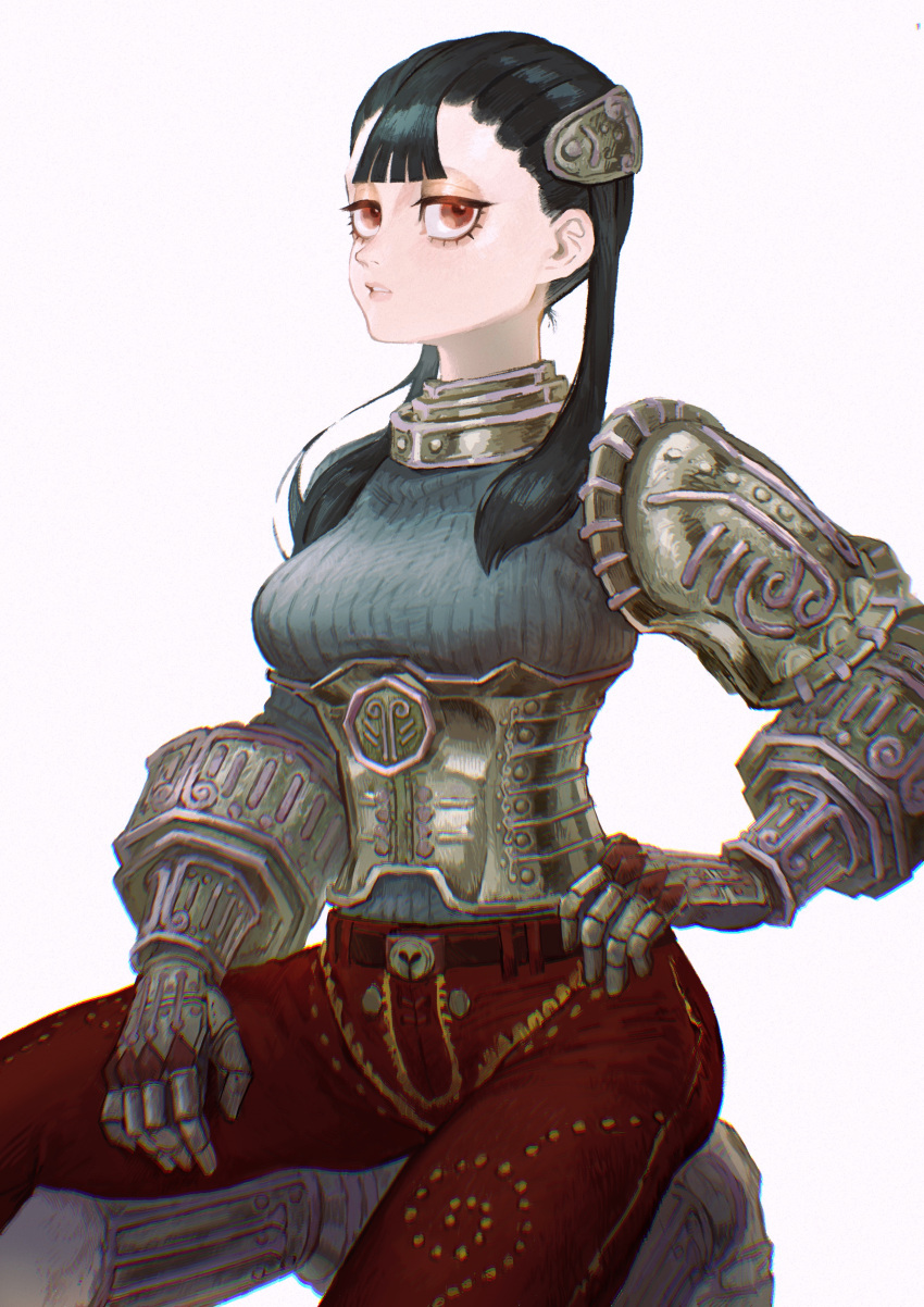 absurdres armor ashei belt black_hair breasts chromatic_aberration female gauntlets gloves hair_ornament hatching_(texture) highres long_hair looking_at_viewer mossan351 pauldrons pointy_ears red_eyes shoulder_armor simple_background single_pauldron solo the_legend_of_zelda the_legend_of_zelda:_twilight_princess twintails white_background