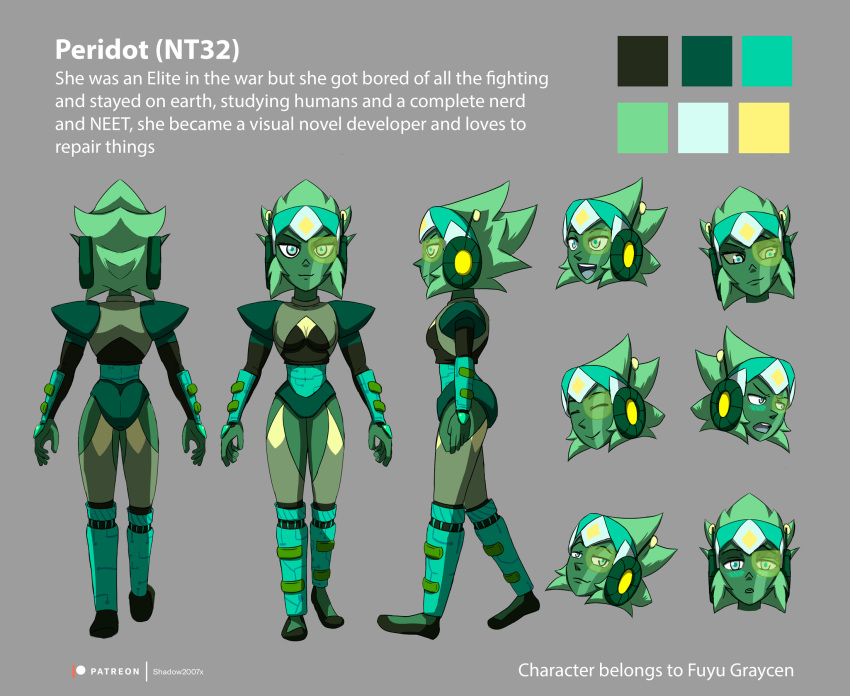 2017 alien alien_humanoid blush boots cartoon_network clothing digital_media_(artwork) facial_markings female footwear gem gem_(species) green_body green_eyes green_hair green_skin hair happy head_markings headgear hi_res humanoid leotard markings model_sheet multiple_angles peridot_nt32 scouter shadow2007x smile smug solo steven_universe