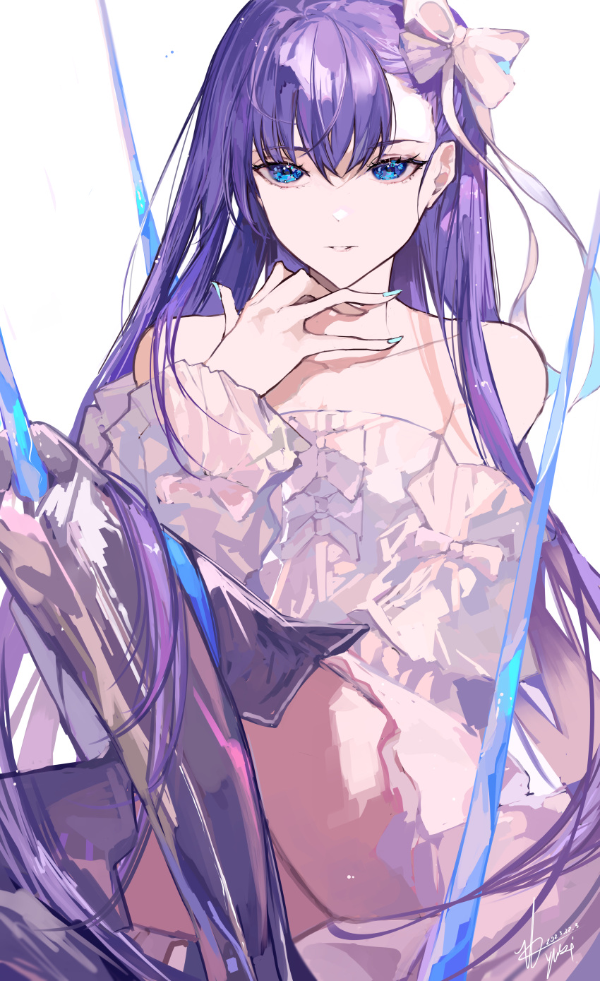 absurdres bare_shoulders blue_eyes bow collarbone commentary dated detached_sleeves dress english_commentary fate/grand_order fate_(series) female fingernails hairbow highres long_hair looking_at_viewer meltryllis_(fate) nail_polish prosthesis prosthetic_leg purple_hair signature simple_background sitting solo spikes strapless strapless_dress very_long_hair white_background white_bow white_dress white_sleeves yuki_flourish