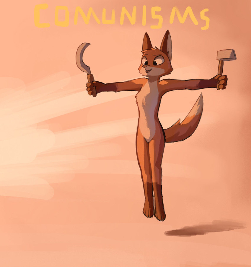 2020 anthro canid canine communism enginetrap english_text featureless_crotch fox fur hammer_and_sickle hi_res holding_object holding_tool light lighting lol_comments mammal nude orange_body orange_fur politics sickle solo text tools