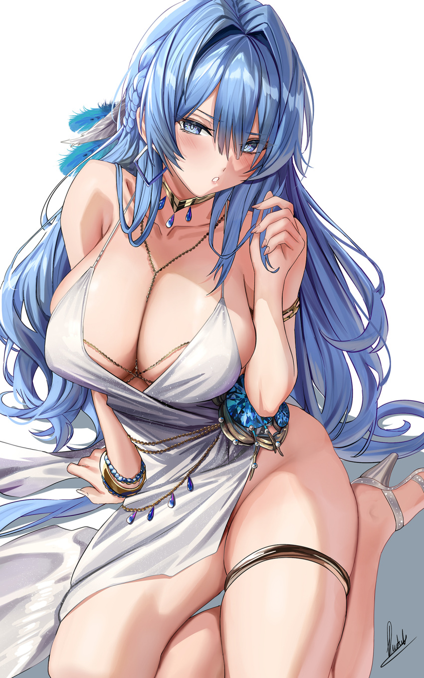 bare_shoulders belly_chain blue_eyes blue_hair blush bracelet braid breasts cleavage collarbone dress feather_hair_ornament feathers female goddess_of_victory:_nikke hair_intakes hair_ornament helm_(chandelier)_(nikke) helm_(nikke) high_heels highres jewelry large_breasts long_hair looking_at_viewer neck_ring no_panties piukute062 side_braid solo thighlet thighs white_dress