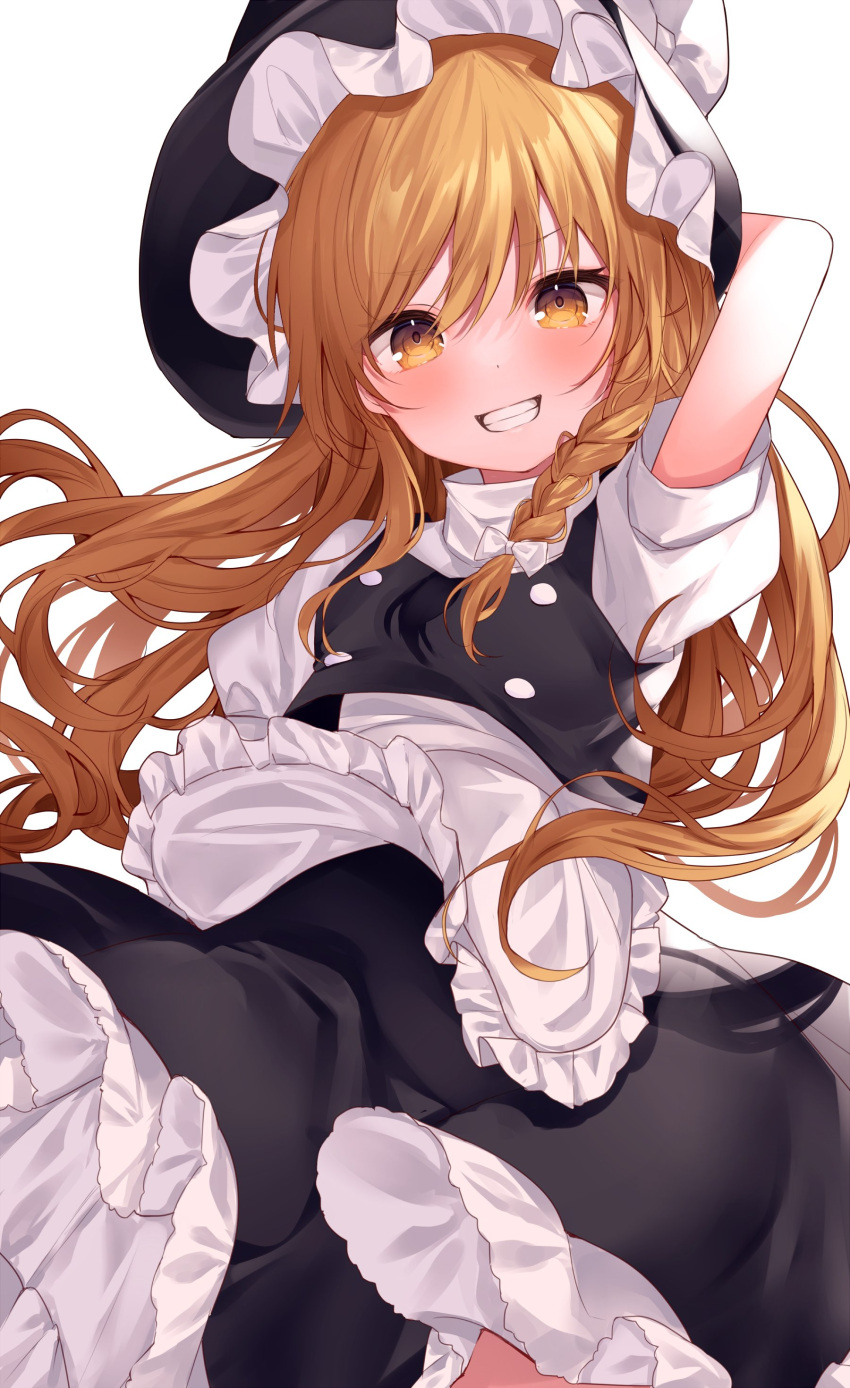 absurdres apron arm_up black_dress blonde_hair bow braid buttons dress female frilled_dress frills hairbow hat hat_bow highres juliet_sleeves kirisame_marisa komomo_(ptkrx) long_hair long_sleeves puffy_sleeves short_sleeves simple_background solo touhou waist_apron white_background white_bow wind wind_lift witch_hat yellow_eyes