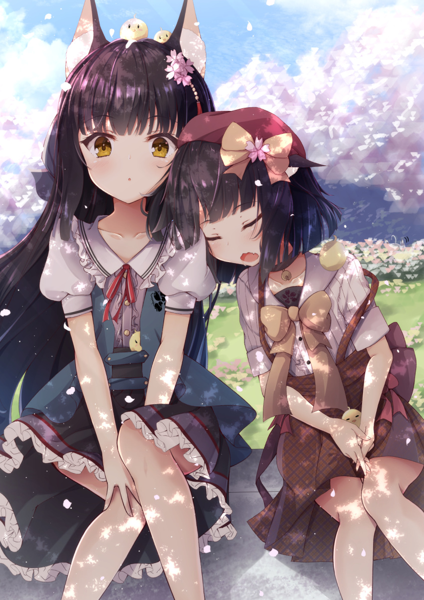 3girls :o ahoge ahoge_wag animal_ear_fluff animal_ears animal_on_head azur_lane bare_legs beret bird black_choker black_hair black_skirt blue_sky blush bow bowtie brown_skirt casual center_frills cherry_blossoms chick choker closed_eyes collarbone collared_shirt commentary_request cowboy_shot day drooling expressive_hair falling_petals flower fox_ears frilled_shirt_collar frilled_skirt frills green_vest hair_flower hair_ornament hat hat_bow hiding highres hime_cut kawakaze_(azur_lane) leaning_on_person light_rays long_hair looking_at_viewer madotsukumo manjuu_(azur_lane) motion_lines multiple_girls mutsu_(azur_lane) nagato_(azur_lane) neck_ribbon oerba_yun_fang on_head open_mouth outdoors overall_skirt petals plaid plaid_skirt puffy_short_sleeves puffy_sleeves red_headwear red_ribbon ribbon sakura_empire_(emblem) shade shirt short_hair short_sleeves sidelocks sitting skin_fang skirt sky sleeping strap_slip striped_clothes striped_shirt sunbeam sunlight vertical-striped_clothes vertical-striped_shirt very_long_hair vest wavy_mouth white_shirt yellow_bow yellow_eyes