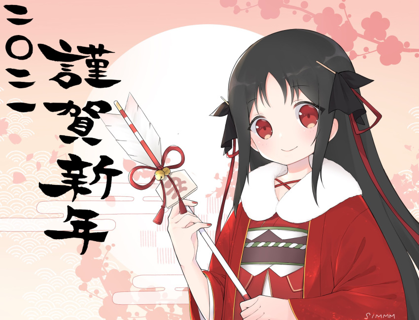 2021 arrow_(projectile) black_hair commission female furisode hair_ribbon hamaya happy_new_year highres japanese_clothes kimono long_hair machine-doll_wa_kizutsukanai new_year obi red_eyes ribbon sash simmm solo yaya_(machine-doll)