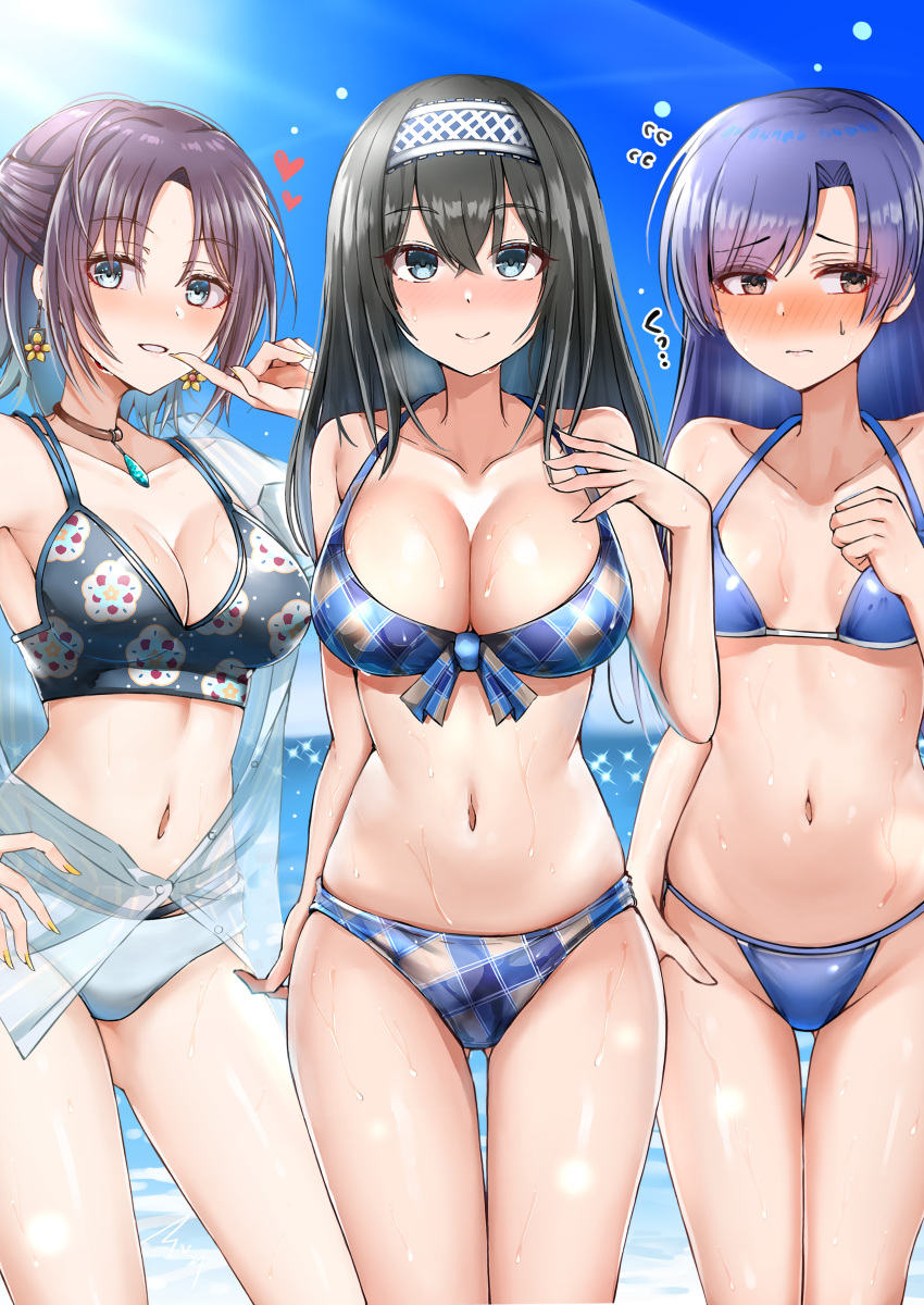 3girls absurdres ahoge armpits asakura_toru ass_visible_through_thighs bare_shoulders beach bikini black_bikini black_hair blue_bikini blue_eyes blue_hair blue_sky blush breasts brown_choker brown_eyes brown_hair checkered_bikini checkered_clothes choker cleavage closed_mouth cloud collarbone commentary_request cowboy_shot crossed_bangs day earrings embarrassed finger_to_mouth flying_sweatdrops front-tie_bikini_top front-tie_top gradient_hair groin hair_between_eyes hairband half_updo hand_on_own_chest hand_on_own_hip hand_up heart highres idolmaster idolmaster_(classic) idolmaster_cinderella_girls idolmaster_shiny_colors jacket jewelry kisaragi_chihaya large_breasts light_rays long_hair looking_at_viewer looking_to_the_side mabanna midriff mismatched_bikini multicolored_hair multiple_girls navel nose_blush ocean off_shoulder outdoors parted_bangs parted_lips partially_unbuttoned sagisawa_fumika see-through short_hair sidelocks skindentation sky small_breasts smile standing sunbeam sunlight sweat swimsuit thigh_gap