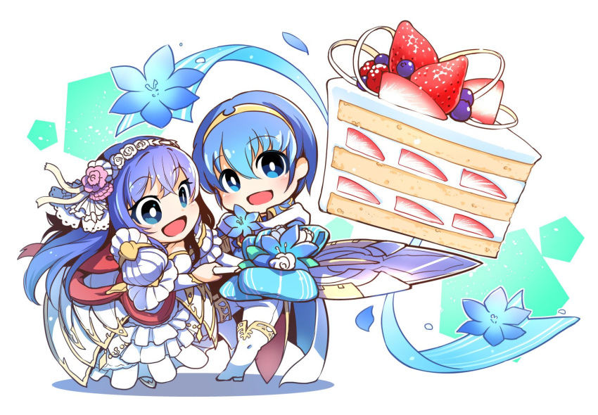 1boy blue_eyes blue_hair blush bouquet bridal_veil bride caeda_(bridal)_(fire_emblem) caeda_(fire_emblem) cape chibi commentary_request couple dress elbow_gloves female fingerless_gloves fire_emblem fire_emblem:_mystery_of_the_emblem fire_emblem_heroes flower formal gloves groom hair_flower hair_ornament hairband headband highres husband_and_wife jewelry long_hair looking_at_viewer marth_(fire_emblem) nakabayashi_zun pegasus_knight_uniform_(fire_emblem) smile straight strapless suit tuxedo veil weapon wedding wedding_dress white_dress white_suit