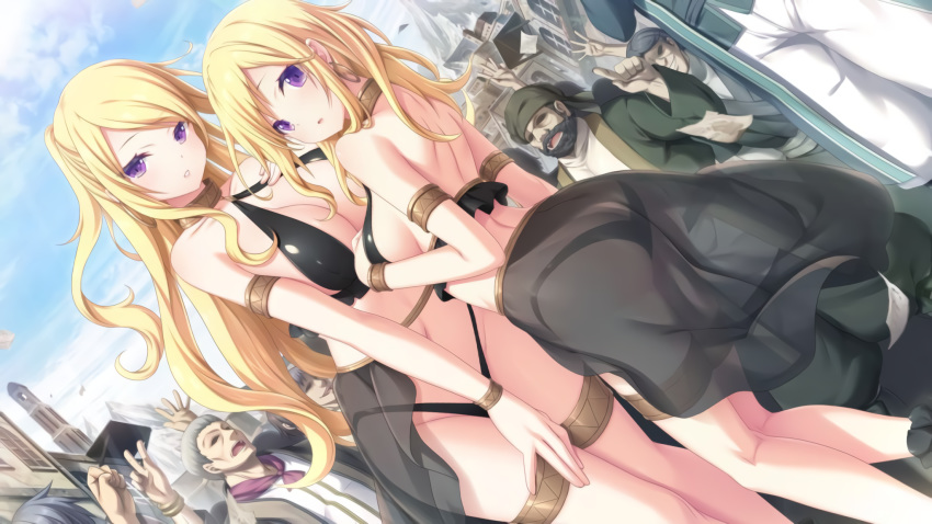 2girls archived_source armlet ass beard blonde_hair bracelet breasts cleavage cloud covering_crotch covering_privates criss-cross_halter crowd day earrings eushully faceless faceless_male facial_hair fuukan_no_grasesta game_cg halterneck highres jewelry large_breasts looking_at_viewer marzia_zarudne multiple_boys multiple_girls parted_lips purple_eyes rosera_zarudne see-through showgirl_skirt sky thighlet yano_mitsuki_(nanairo)