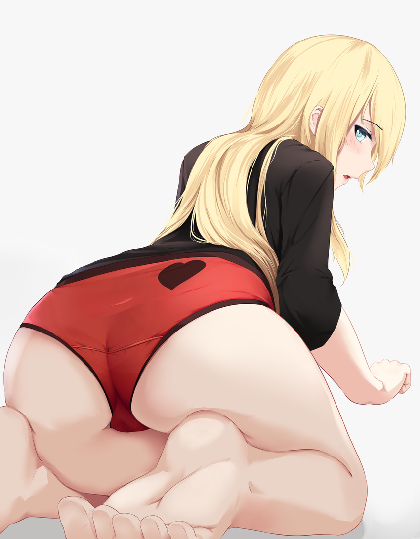 ass barefoot black_shirt blonde_hair blush commentary female from_behind hair_between_eyes heart heart_print highres kneeling long_hair looking_at_viewer looking_back mengo new_game! no_pants open_mouth panties profile red_panties shirt simple_background solo underwear yagami_kou