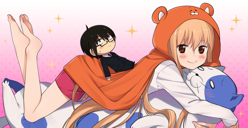 1boy :> ahoge bad_id bad_pixiv_id barefoot black_eyes black_hair blonde_hair blush brother_and_sister brown_eyes chibi dakimakura_(object) doma_taihei doma_umaru feet female formal hamster_costume highres himouto!_umaru-chan hood long_hair lying necktie nekoronbusu o_o on_stomach pillow siblings stuffed_animal stuffed_cat stuffed_toy suit very_long_hair weyowang