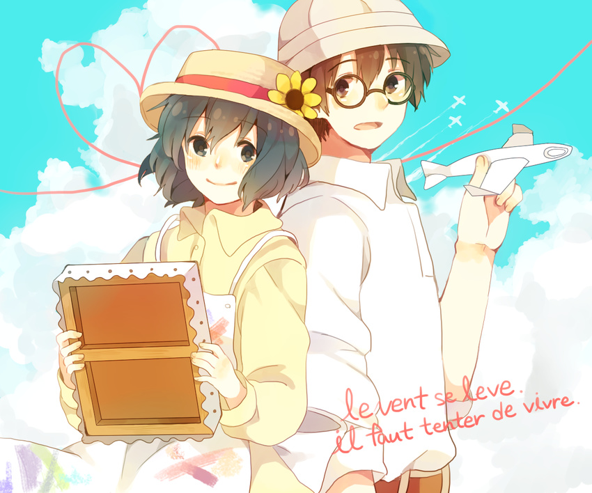 1boy amagi_hana bad_id bad_pixiv_id black_hair blue_eyes brown_eyes brown_hair canvas_(object) couple dress female french_text glasses hat holding horikoshi_jirou kaze_tachinu painting_(action) satomi_naoko short_hair sky straight studio_ghibli