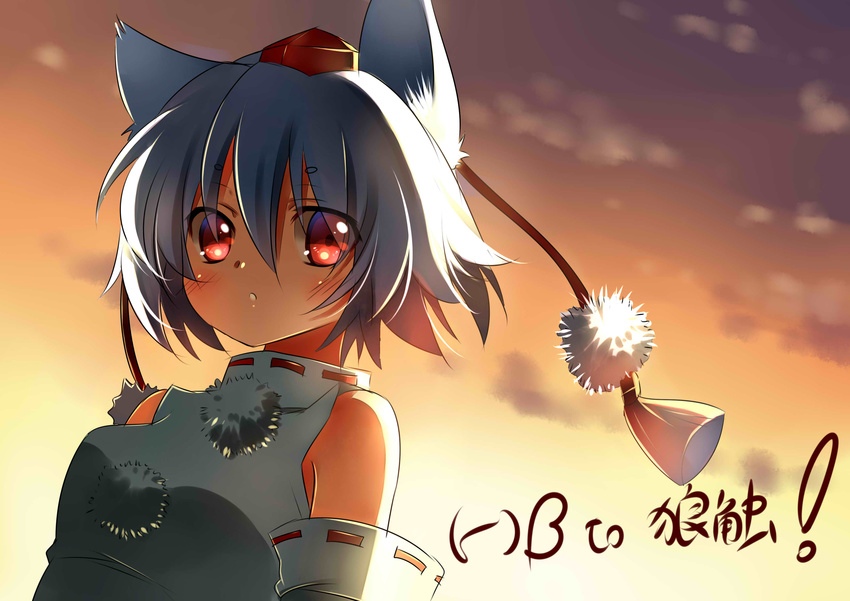 absurdres animal_ears bare_shoulders commentary_request detached_sleeves female grey_hair hat hat_ribbon highres inubashiri_momiji jiji_(381134808) looking_at_viewer red_eyes ribbon shirt solo sunset tokin_hat touhou translation_request upper_body wolf_ears