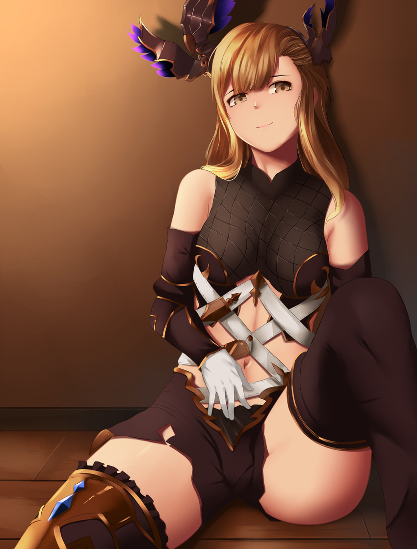 against_wall bare_shoulders black_thighhighs breasts brown_eyes brown_hair closed_mouth commentary female gloves granblue_fantasy hand_on_own_stomach head_tilt highres long_hair looking_at_viewer medium_breasts mengo navel on_floor sitting smile solo thighhighs tweyen_(granblue_fantasy) white_gloves