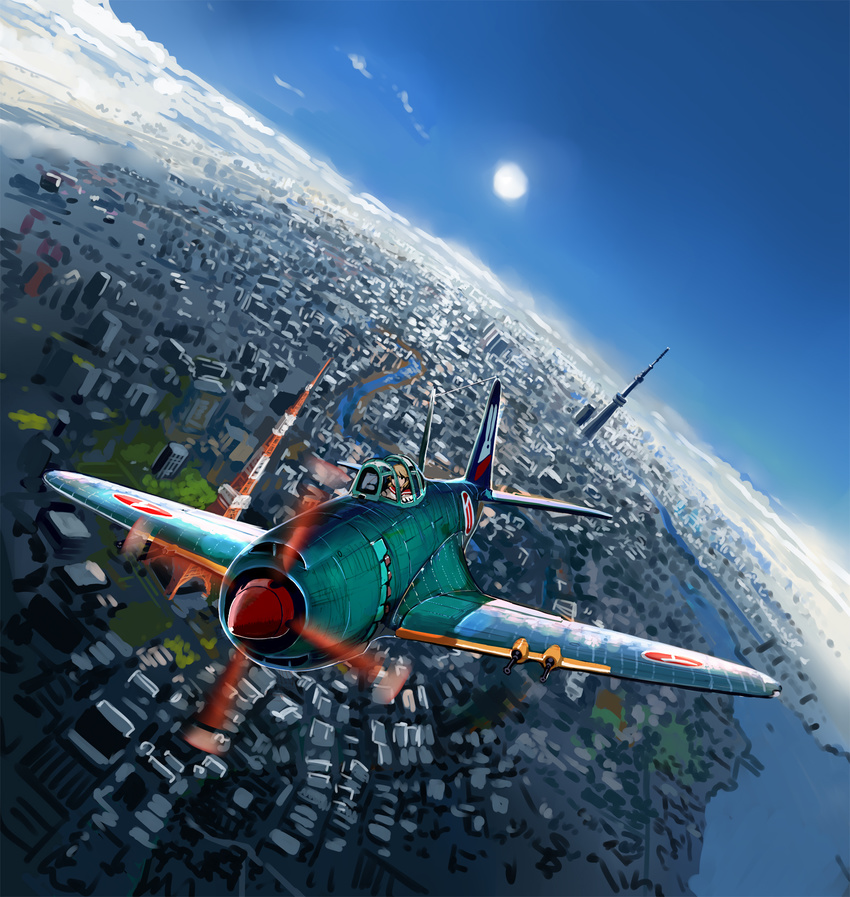 aircraft airplane brown_hair city cityscape cloud commentary_request cover cover_page female from_above highres horizon n1k nogami_takeshi original scenery shidenkai_no_maki sky solo tokyo_(city) tokyo_skytree tokyo_tower tower vehicle_focus