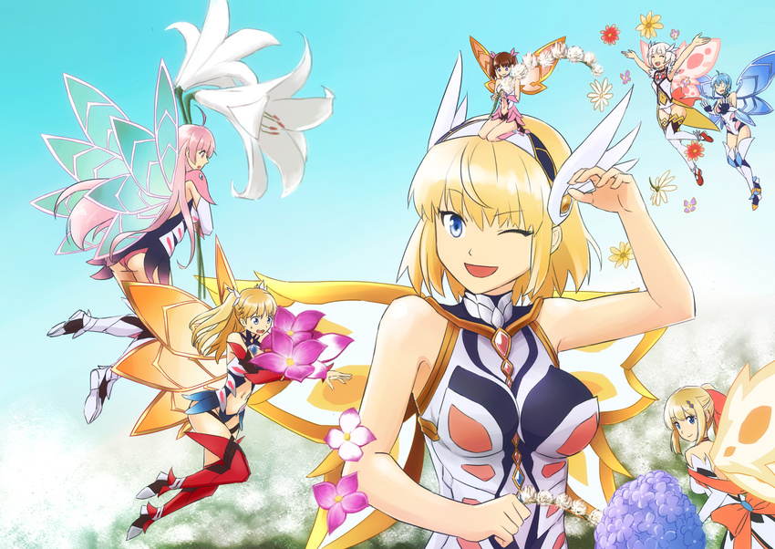 6+girls :d ahoge ass bad_id bad_pixiv_id blonde_hair blue_eyes blue_hair brown_hair ceilia_(sennen_sensou_aigis) character_request closed_eyes clothing_cutout commentary_request cynthia_(sennen_sensou_aigis) fairy fairy_wings flower hairband happy_(sennen_sensou_aigis) highres hydrangea jamg336 lily_(flower) long_hair looking_at_viewer looking_back mini_person minigirl multiple_girls navel navel_cutout nina_(sennen_sensou_aigis) o_o one_eye_closed open_mouth photoshop_(medium) pink_eyes pink_hair seiza sennen_sensou_aigis short_hair sitting smile twintails victoire_(sennen_sensou_aigis) white_hair winged_hair_ornament wings