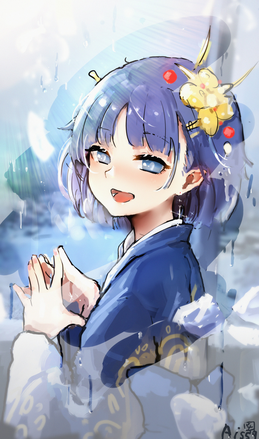 absurdres blue_eyes blue_hair blurry cirno commentary_request condensation depth_of_field earrings female fingers_together glass_writing hair_ornament highres jewelry kiyomasa_ren looking_at_viewer looking_back open_mouth outdoors short_hair signature smile solo touhou