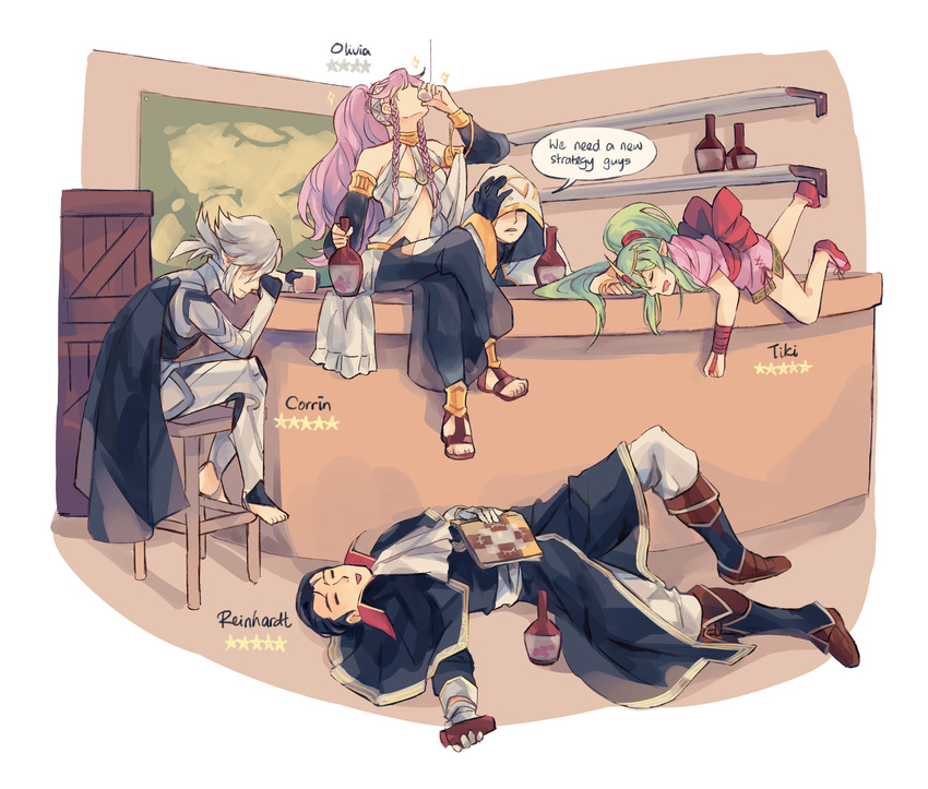 2boys 2girls absurdres alcohol androgynous anocurry black_hair bottle circlet cloak commentary corrin_(fire_emblem) corrin_(male)_(fire_emblem) crate crossed_legs cup drinking drinking_glass drunk english_commentary english_text fire_emblem fire_emblem:_mystery_of_the_emblem fire_emblem:_thracia_776 fire_emblem_awakening fire_emblem_fates fire_emblem_heroes green_hair hair_slicked_back highres hood hooded_cloak kiran_(fire_emblem) multiple_boys multiple_girls olivia_(fire_emblem) photoshop_(medium) pink_hair pointy_ears ponytail reinhardt_(fire_emblem) see-through sitting tiki_(fire_emblem) tiki_(young)_(fire_emblem)