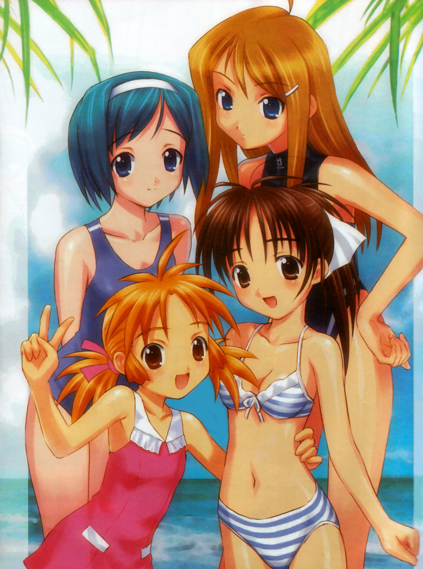 4girls akimo_ayame bikini blonde_hair blue_eyes blue_hair blush breasts brown_eyes brown_hair cleavage front-tie_top fuyude_yuri goto_p hair_ornament hairband hairclip haruno_sakura_(wandaba_style) highres looking_at_viewer multiple_girls natsuwa_himawari navel open_mouth ponytail scan short_hair smile string_bikini striped swimsuit twintails v wandaba_style