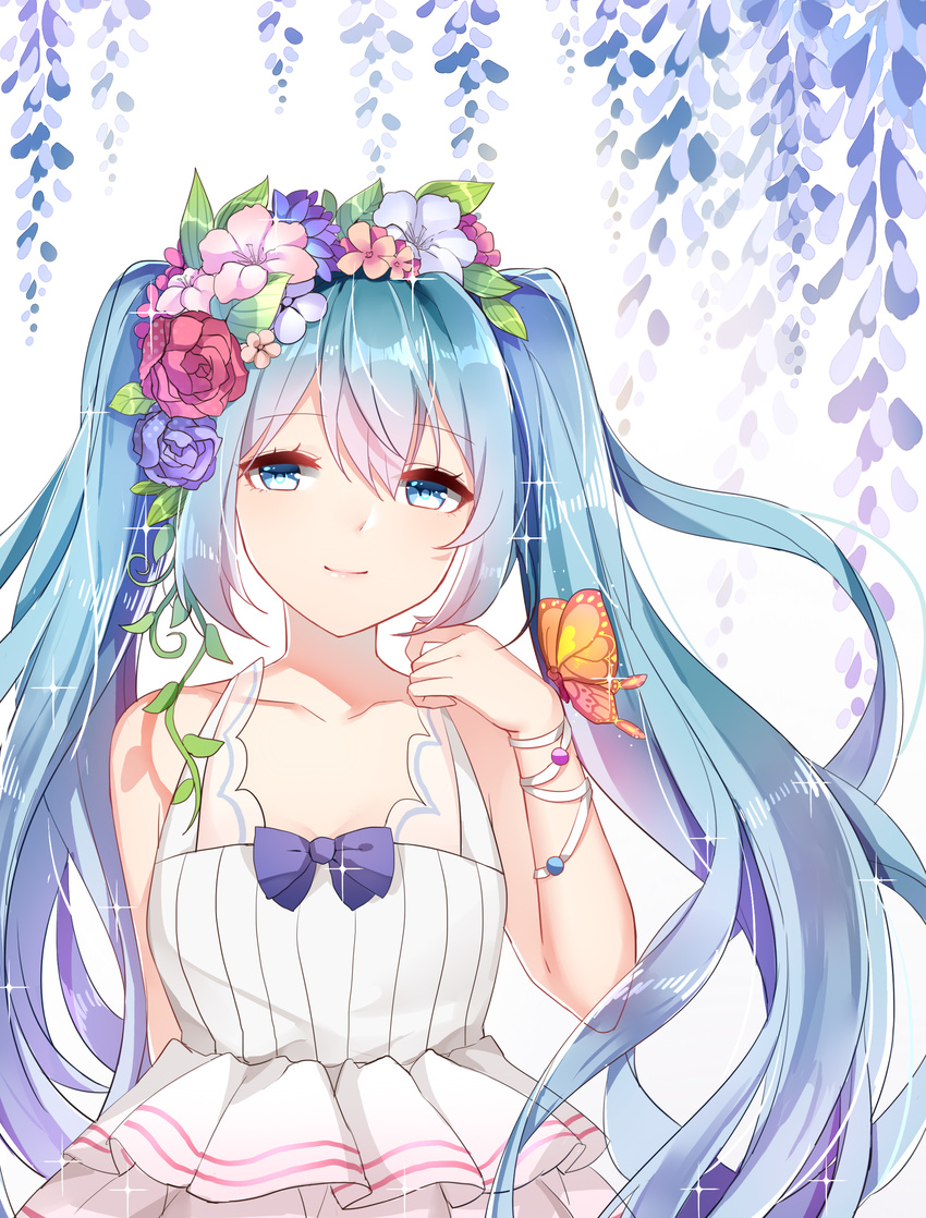 absurdres aqua_eyes aqua_hair bug butterfly chinese_commentary chuor_(chuochuoi) commentary_request female flower hair_flower hair_ornament hatsune_miku highres long_hair looking_at_viewer partial_commentary photoshop_(medium) solo twintails upper_body vocaloid