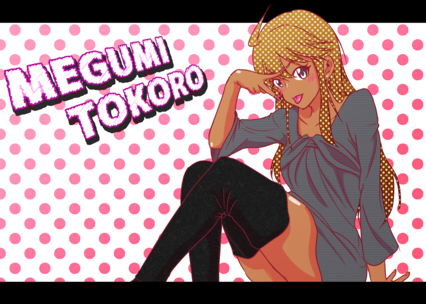 blonde_hair boots commentary_request female grey_eyes gyaru idolmaster idolmaster_million_live! kogal long_hair polka_dot_hair thigh_boots thighhighs tokoro_megumi wakkigen