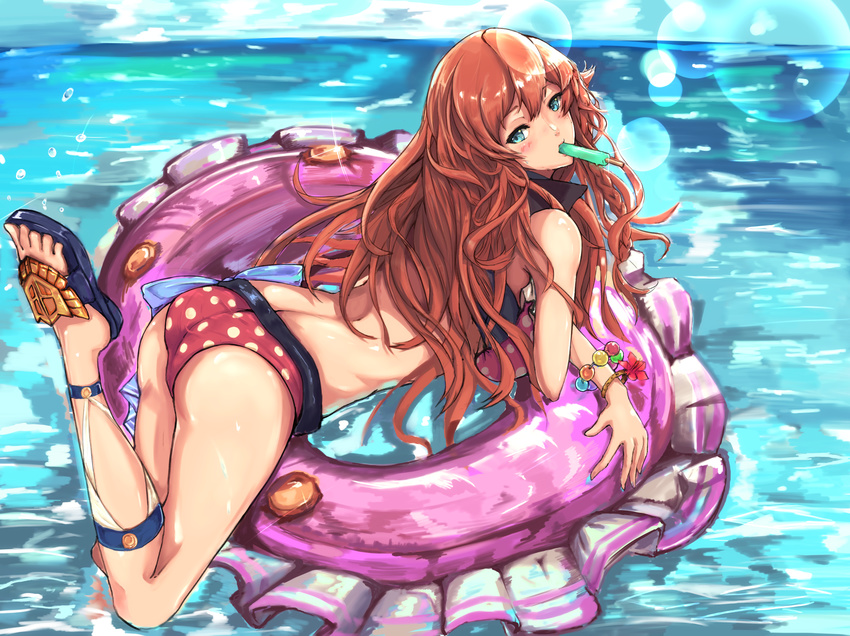 alternate_costume aqua_eyes ass bare_shoulders bikini commentary_request female food from_above granblue_fantasy hair_between_eyes highres kisaragi_chiyuki lecia_(granblue_fantasy) lecia_(summer)_(granblue_fantasy) light_particles long_hair looking_at_viewer lying midriff ocean on_stomach orange_hair popsicle red_bikini sandals solo swimsuit thighs wavy_hair