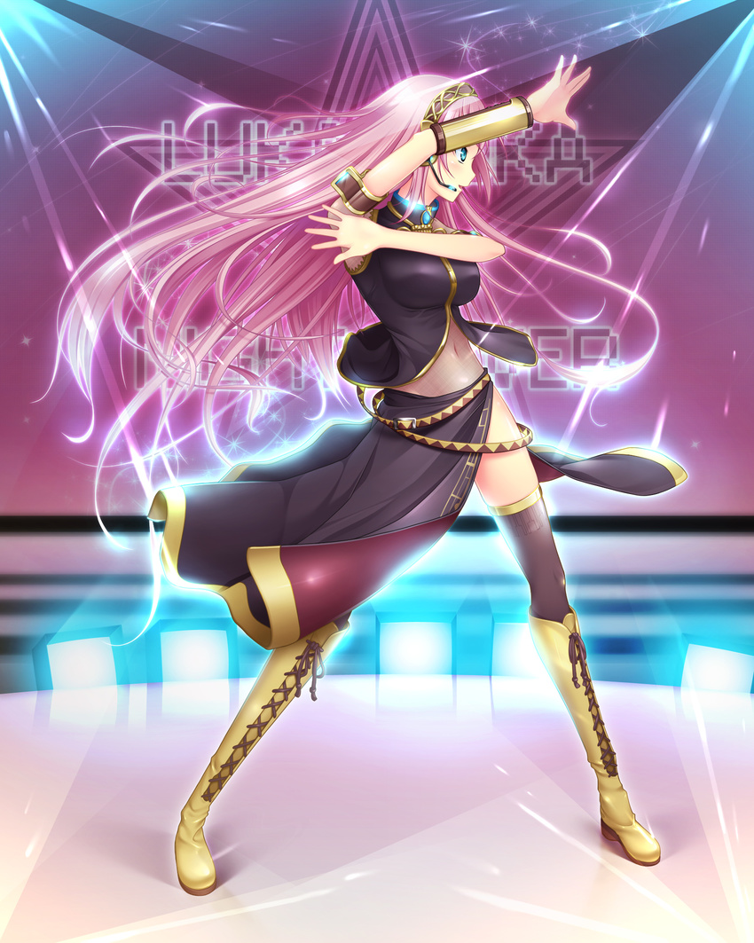 blue_eyes boots commentary_request female headset highres knee_boots long_hair long_skirt luka_luka_night_fever_(vocaloid) megurine_luka mine_(1-1-1) navel photoshop_(medium) pink_hair samfree_("night"_songs) skirt spotlight thighhighs vocaloid