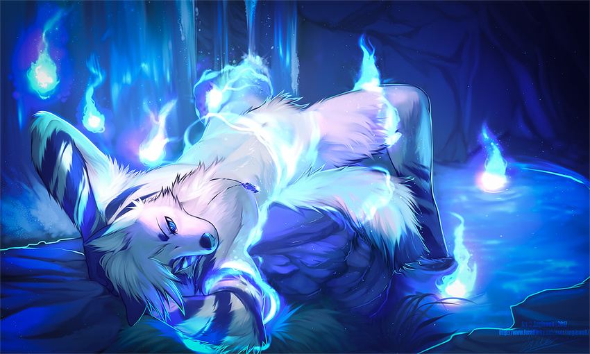 angiewolf anthro arctic_fox blue_body blue_eyes blue_fur blue_nose canid canine canis detailed_background digital_media_(artwork) fox fur kitsunebi male mammal neolykos nude shaded solo true_fox water white_body white_fur wolf